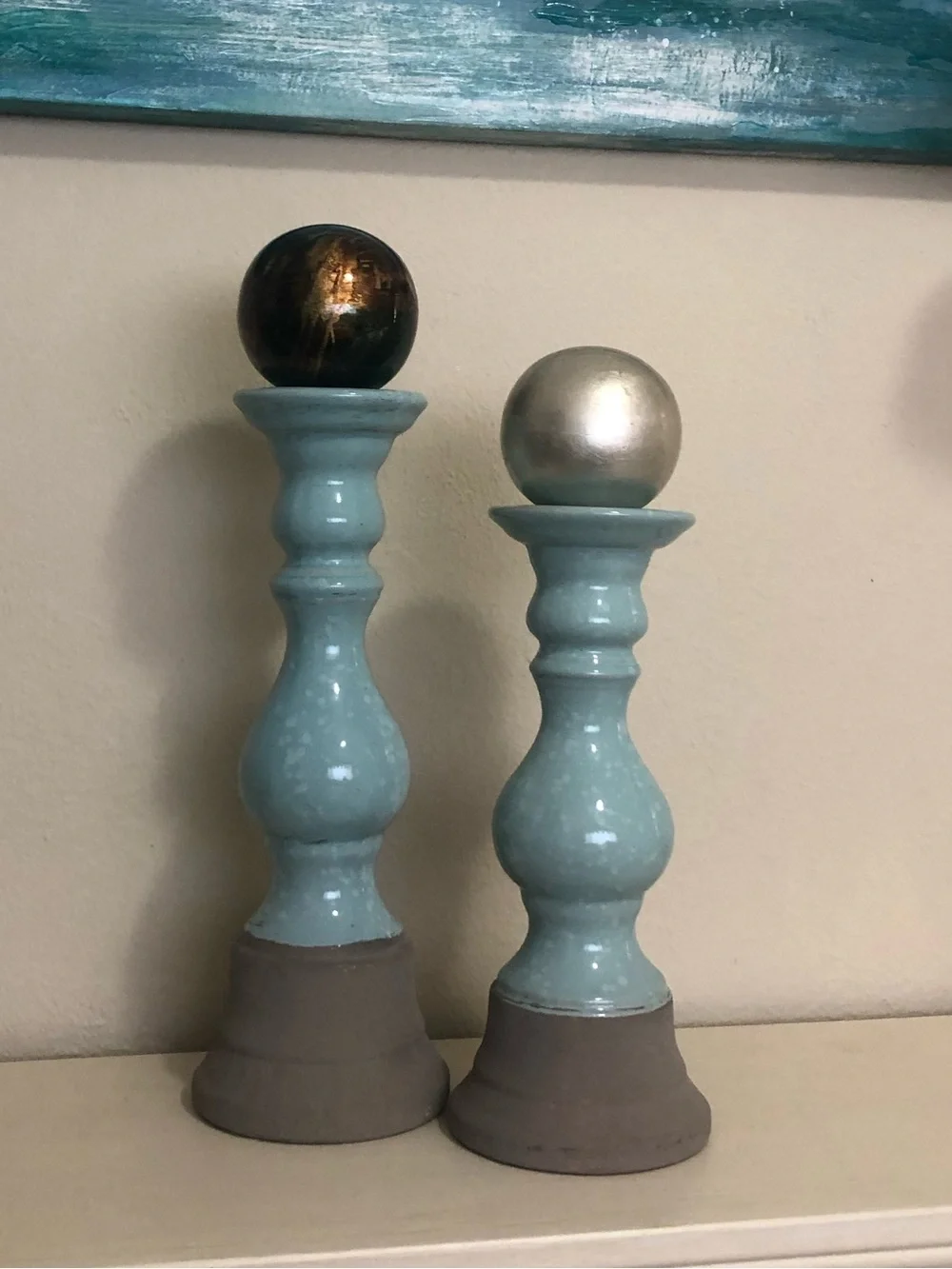 Pier 1 Aqua Ceramic Candlestick Holder. 13.5”